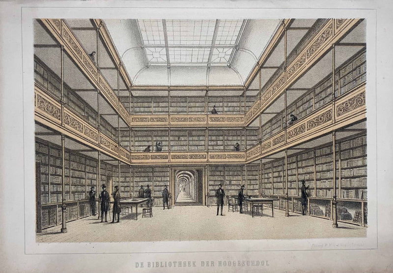 De bibliotheek der Hoogeschool, Utrecht - Originele kleuren steendruk uit 1860 - Catch Utrecht
