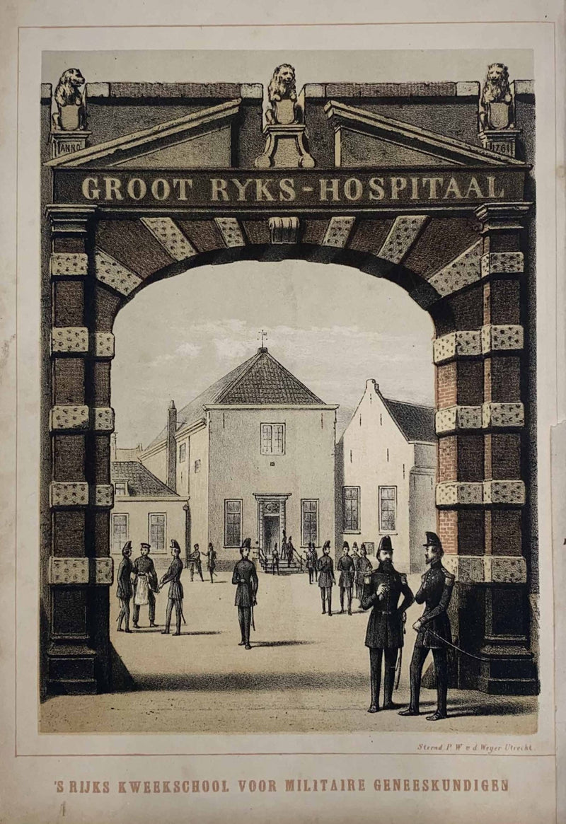 's Rijks kweekschool voor militaire geneeskundigen, Utrecht - Originele kleuren steendruk uit 1860 - Catch Utrecht